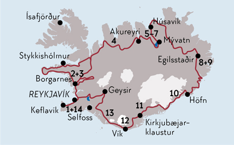 Karte zur Mietwagenrundreise Die grosse Rundreise in Island